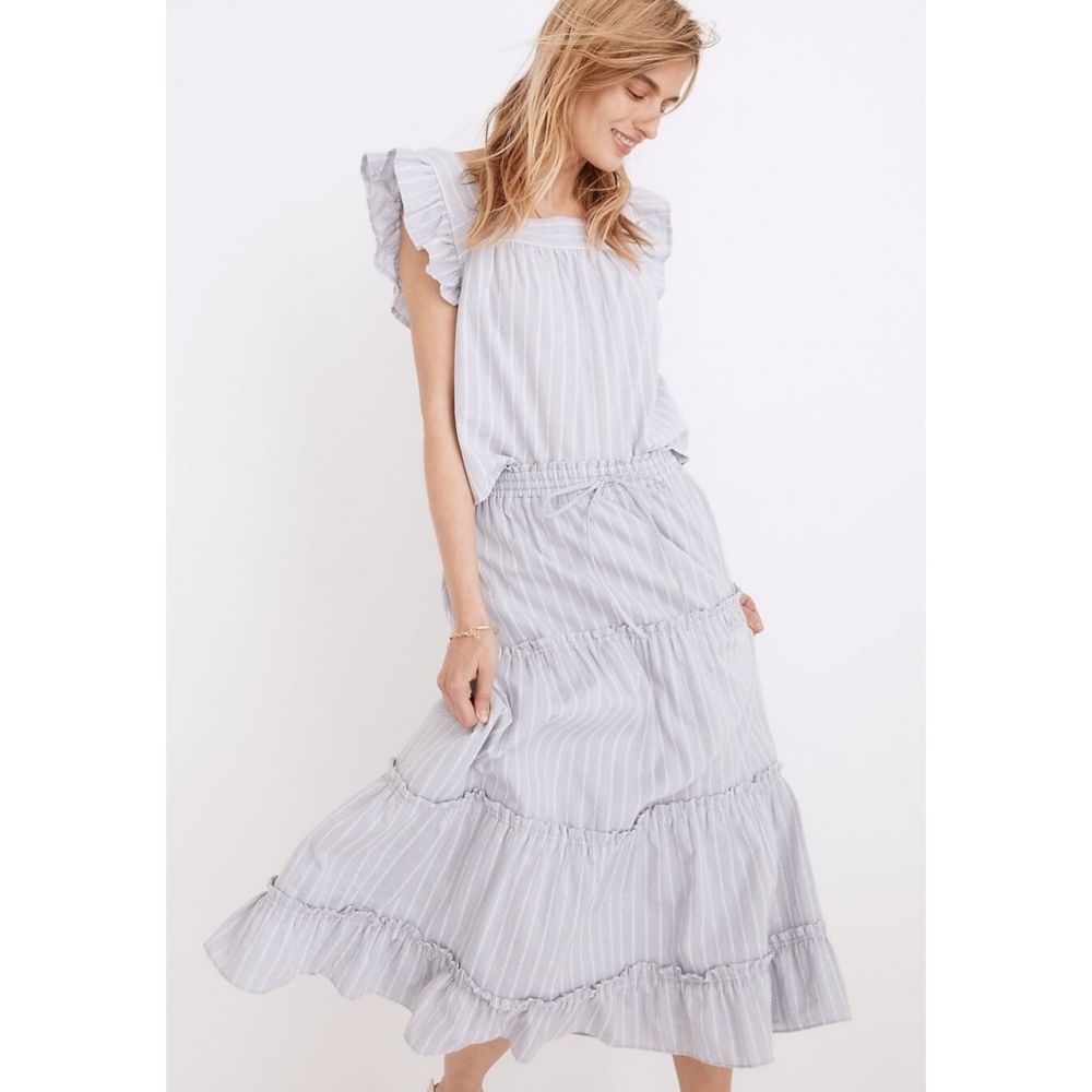 Madewell Striped Pull On Ruffle Tiered Maxi Skirt Flutter-Sleeve Cross-Back Top